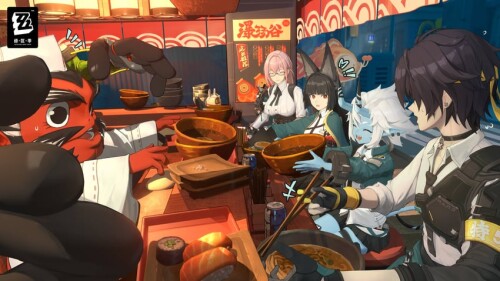  hoshimi miyabi tsukishiro yanagi soukaku and asaba harumasa zenless zone zero drawn by leafoff samp