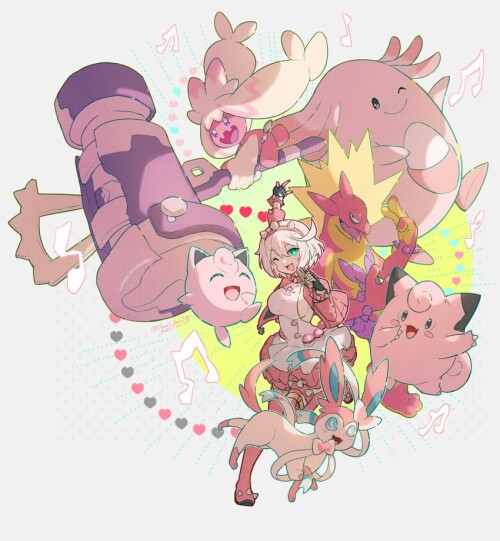  sylveon jigglypuff elphelt valentine clefairy tinkaton and 3 more pokemon and 2 more drawn by youmi