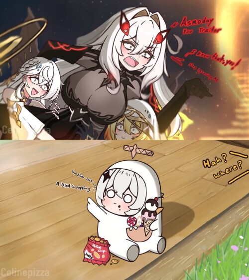  paimon crewmate ronova istaroth and rhinedottir genshin impact and 1 more drawn by celinepizza samp