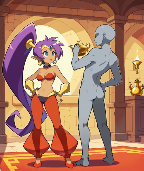1 0 00038 0.2, 1girl, shantae, memoi, cyan eyes, indoors, wall, middle eastern architecture, masterp