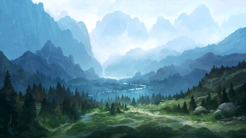 fantasy landscape, mountains, waterfall, river, Fantasy, HD wallpaper, 3840 x 2160, watercolor, wallpaper, #tbt
