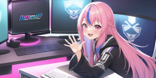  pink hair, long hair, computer, desk, happy, waving, hololive gamers s 454883525 edit standard heig