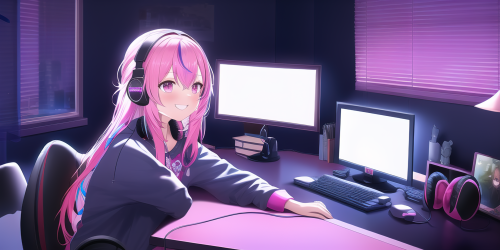 pink hair, long hair, computer, desk, happy, hololive gamers, headphones, at com s 471220091 edit st