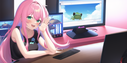 pink hair, long hair, computer, desk, happy, waving, hololive gamers, frog, s 3177857538 edit standa