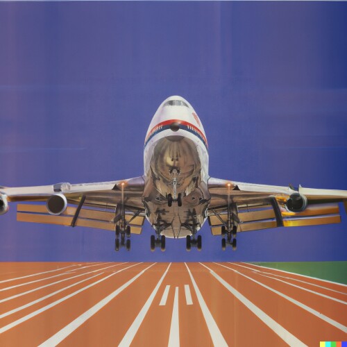 DALL·E 2022 08 11 04.29.52 Boeing 747 Airplane approaching a runway, high angle, day, detailed drawi