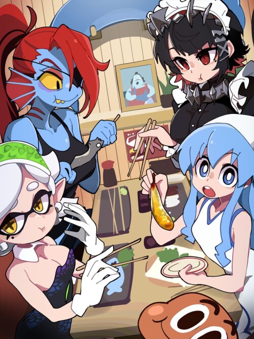  ellen joe marie ikamusume undyne jinbe and 1 more zenless zone zero and 5 more drawn by bongfill sa