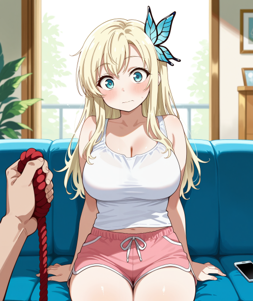 1 1 00014 0.15, 1girl, kashiwazaki sena, memoi, blue eyes, bdsm, tape gag, looking at viewer, on blu