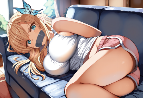 1 2 00037 0.25, 1girl, kashiwazaki sena, memoi, blue eyes, bdsm, tape gag, looking at viewer, on blu