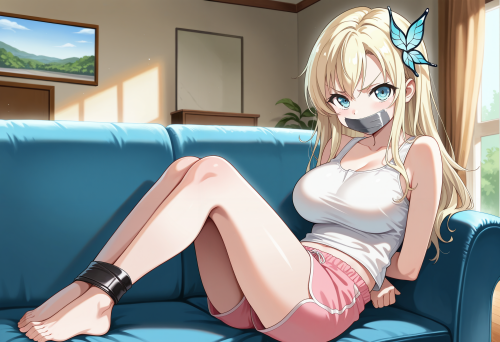1 3 00020 0.15, 1girl, kashiwazaki sena, memoi, blue eyes, bdsm, tape gag, looking at viewer, on blu