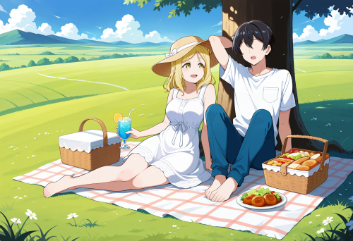 1 0 00068 0.3, 1girl, ohara mari, memoi, yellow eyes, picnic, picnic basket, food, drinks, on grass,